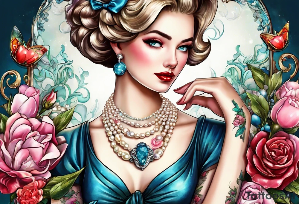 Pearl necklace wrapped around 1950s perfume bottle with flowers and bows surrounding tattoo idea