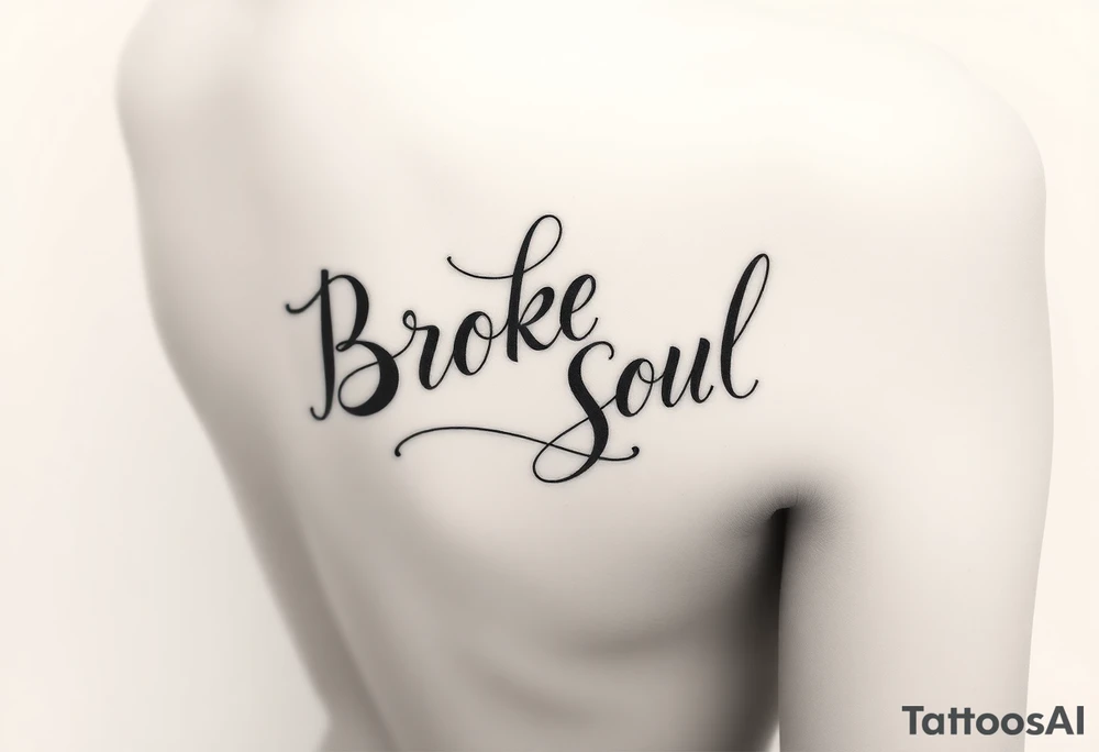 Broken Soul in calligraphy handwriting writing on the side of breast for a woman tattoo idea