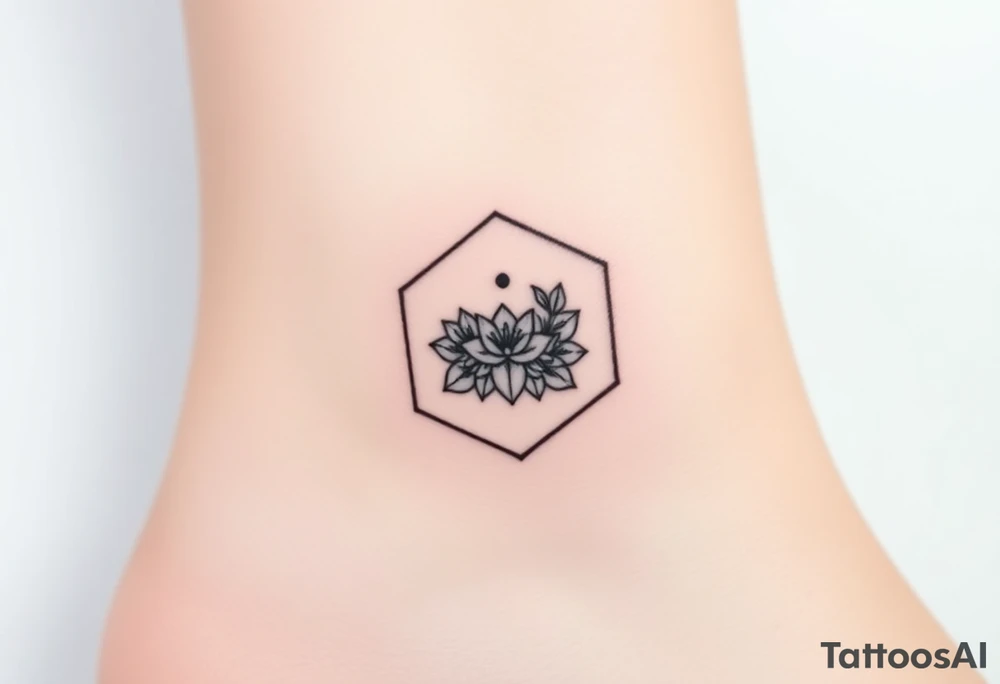 Hexagon with a constellation sign for Leo, larkspur and water lilies in the center tattoo idea