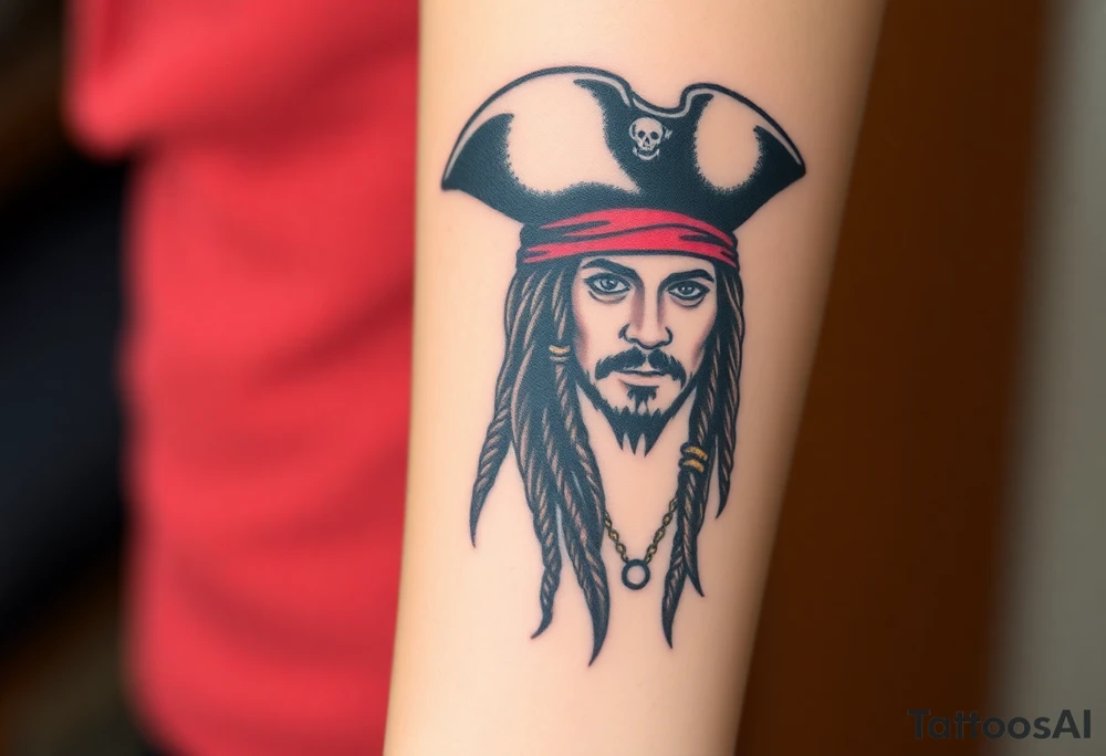 A stylized Jack Sparrow with exaggerated pirate hat and wild dreadlocks, done in bold black ink with deep red highlights for the bandana tattoo idea