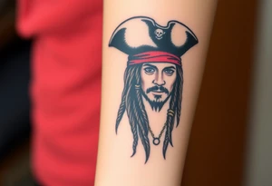 A stylized Jack Sparrow with exaggerated pirate hat and wild dreadlocks, done in bold black ink with deep red highlights for the bandana tattoo idea