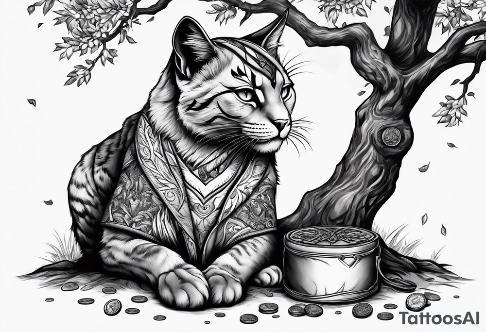 Khajiit sitting under an oak tree with a coin purse and dagger tattoo idea