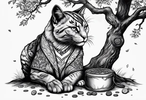 Khajiit sitting under an oak tree with a coin purse and dagger tattoo idea