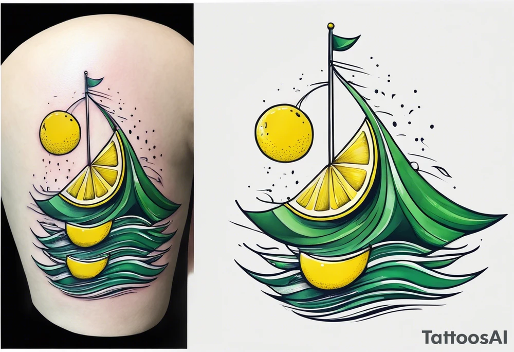 A lemon-Buoy with a green leaf-flag on waves tattoo idea