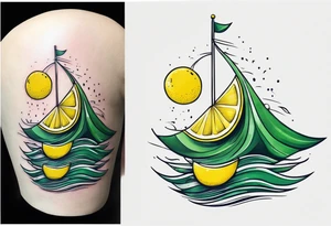 A lemon-Buoy with a green leaf-flag on waves tattoo idea