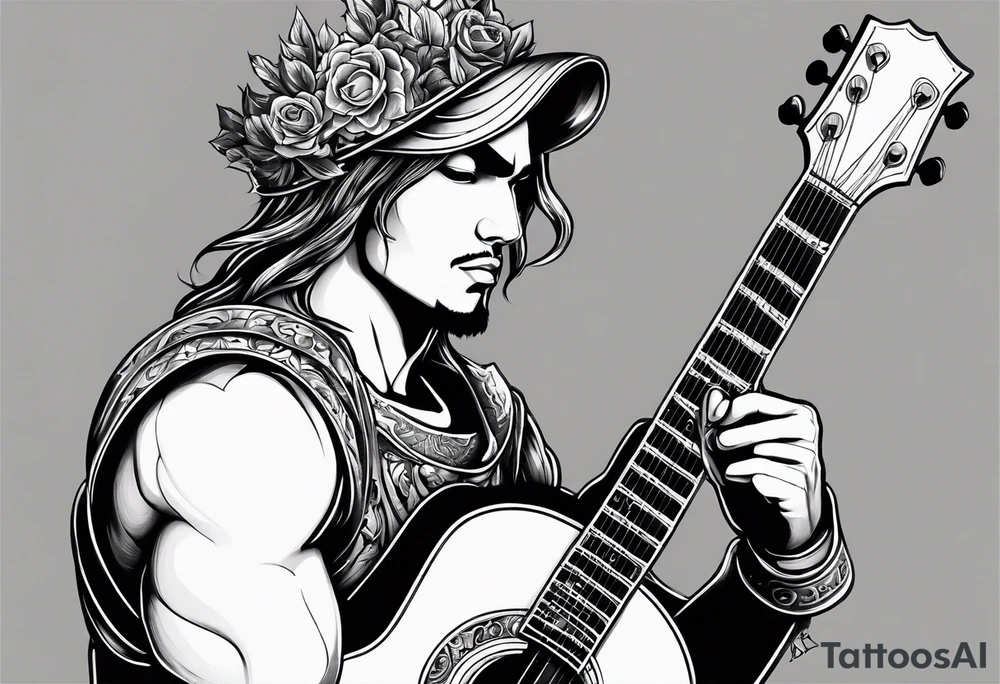 Armor of God with guitar next to him tattoo idea