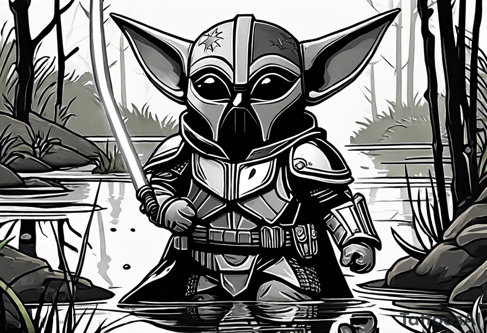 Baby Grogu wearing black mandalorian armor,  holding a black lightsaber in a swamp tattoo idea