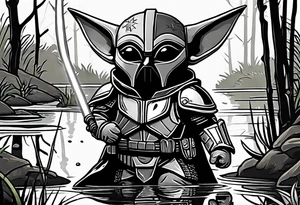 Baby Grogu wearing black mandalorian armor,  holding a black lightsaber in a swamp tattoo idea