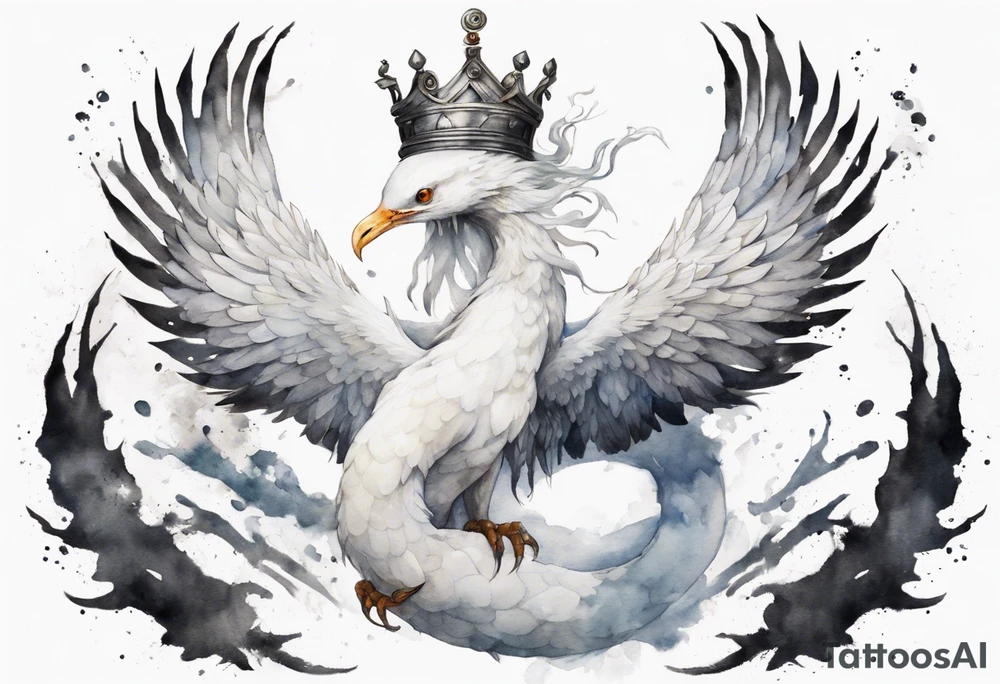 a white bird-serpent hybrid, wearing a pewter crown on its head, flying in the air tattoo idea