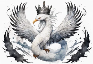 a white bird-serpent hybrid, wearing a pewter crown on its head, flying in the air tattoo idea