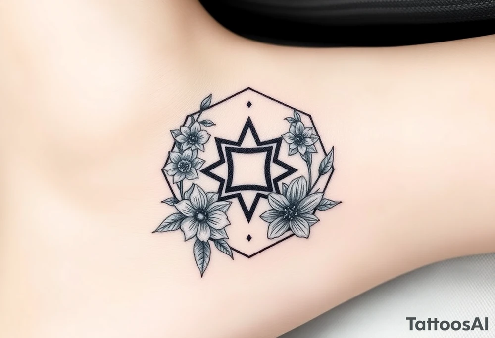 Hexagon Leo symbol larkspurs and water lilies tattoo idea