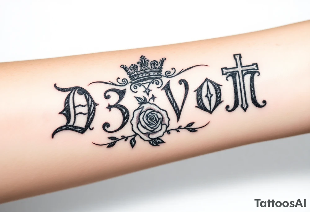 Name D3von spelt going down my arm with a crown and rose and cross and 03/27/07 tattoo idea
