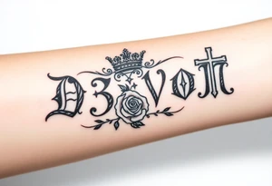 Name D3von spelt going down my arm with a crown and rose and cross and 03/27/07 tattoo idea
