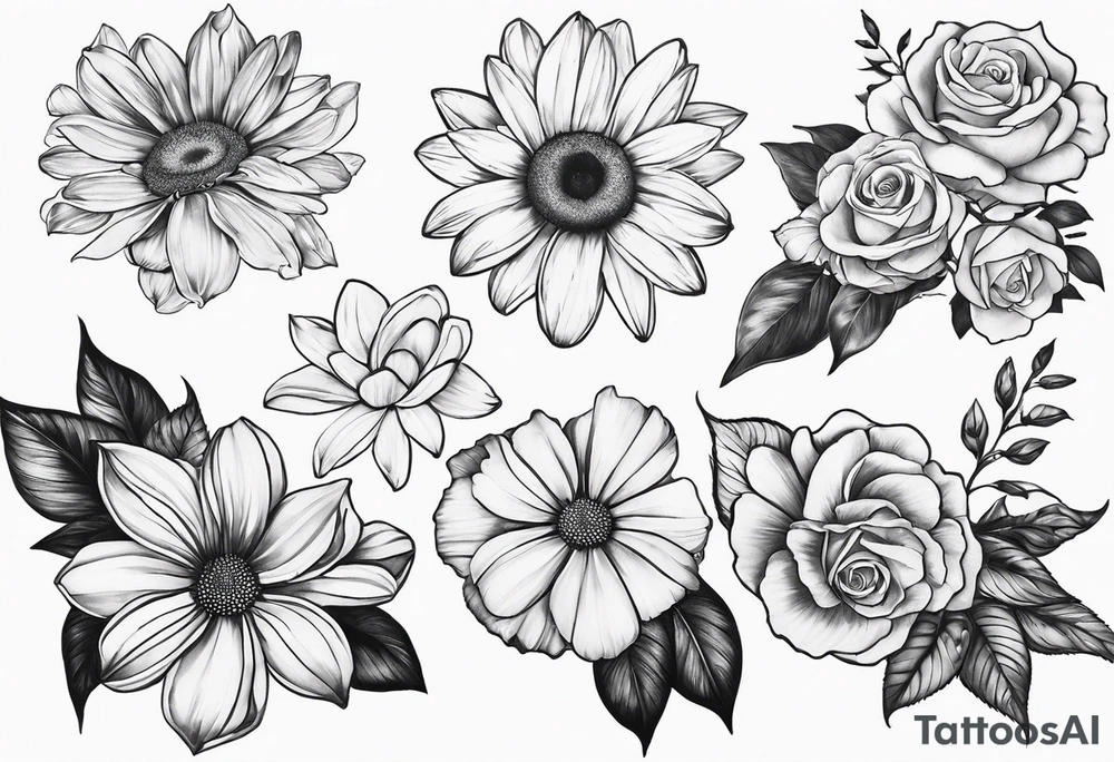 tattoo to represent that I have 3 children (girls). For inspiration I like flowers, the beach. Tattoo is for ribcage down side of body. I don't want images of women or girls in it. I want it pretty. To include daisy flowers, roses tattoo idea