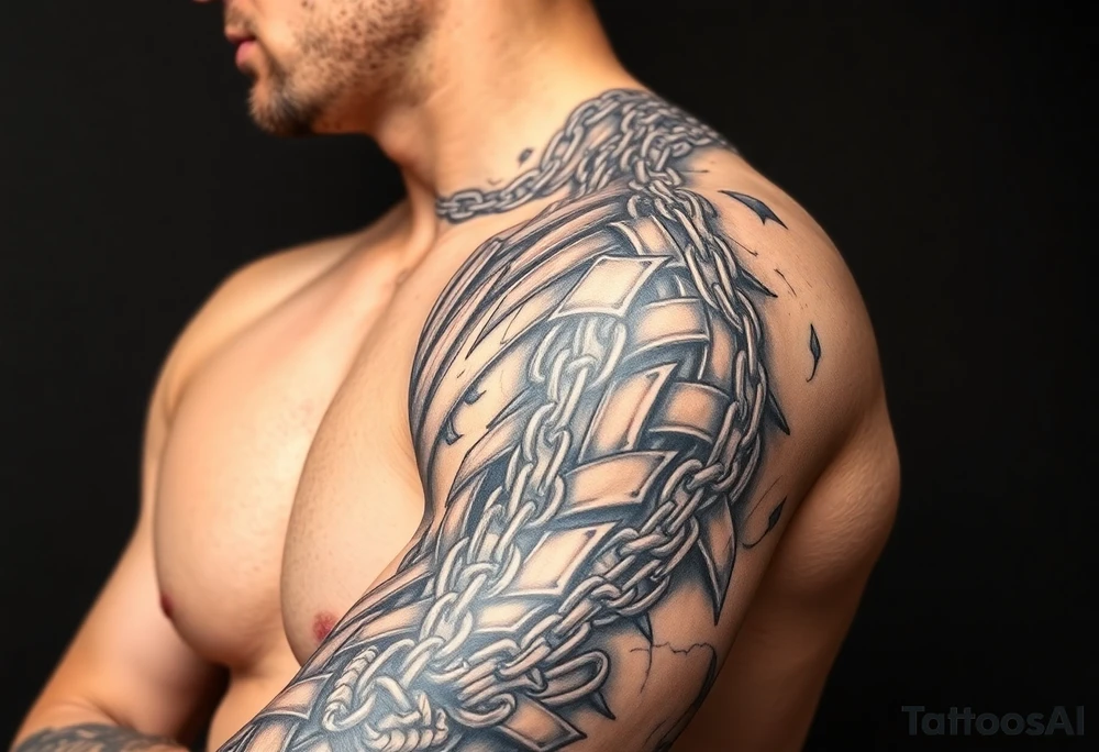 Huge shoulder tattoo of chainmail covering entire arm up to neck tattoo idea