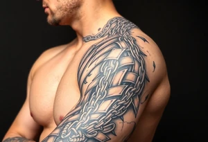 Huge shoulder tattoo of chainmail covering entire arm up to neck tattoo idea