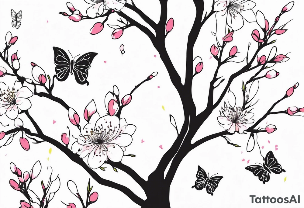 Cherry blossom weeping willow with butterflies and cocoons tattoo idea