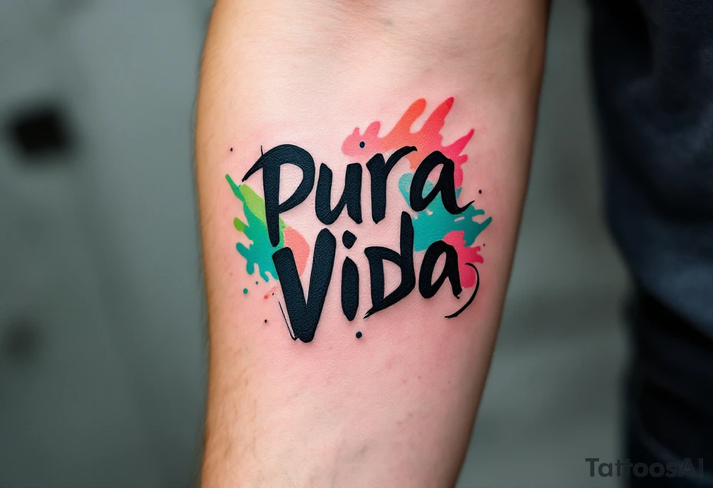 Graffiti-style “Pura Vida” in bold black with a vibrant background of teal, lime, and coral paint strokes. tattoo idea