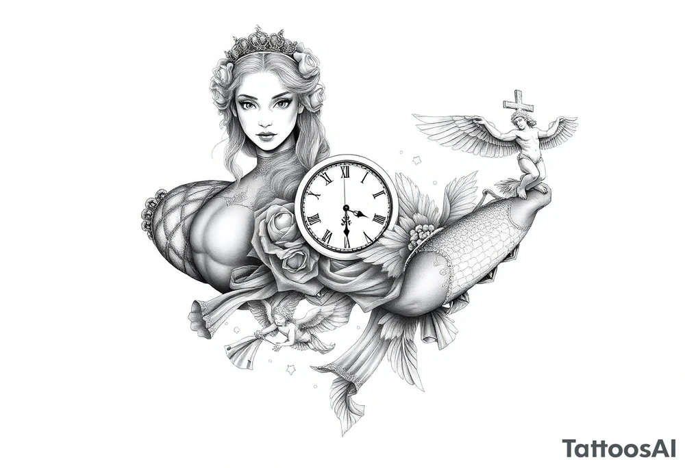 Princess and beautifully lady and a clock and cupido angels an jesus on cross and carp fish tattoo idea