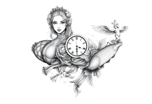 Princess and beautifully lady and a clock and cupido angels an jesus on cross and carp fish tattoo idea