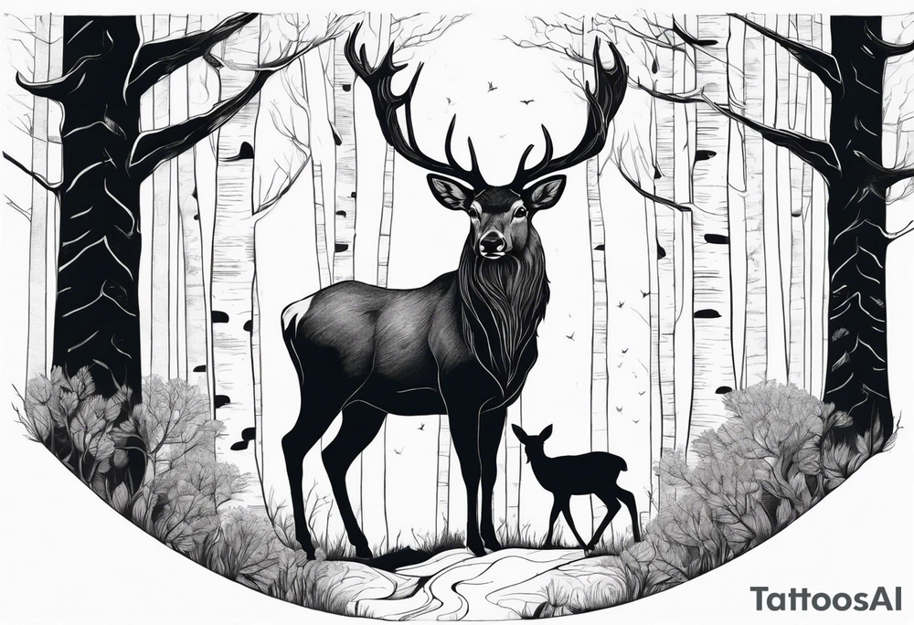 a large majestic male with large antlers, a graceful female and a small fawn. In the background, majestic trees, such as spruce and birch, no grass and no flower tattoo idea