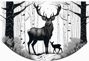 a large majestic male with large antlers, a graceful female and a small fawn. In the background, majestic trees, such as spruce and birch, no grass and no flower tattoo idea