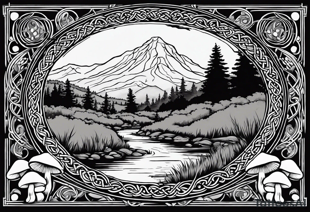 Whole picture encircled fully

Straight long blonde hair hippie girl in distance holding mushrooms in hand facing away toward mountains and creek surrounded by mushrooms long sleeve shirt and hiking pants; whole rendering within a full celtic circle border, no cut off circle tattoo idea