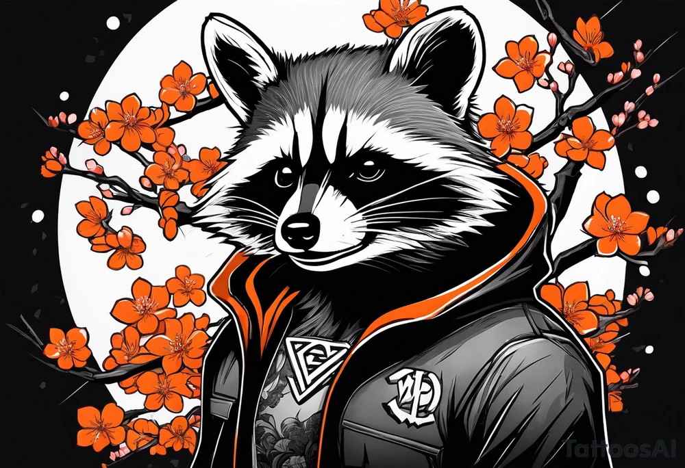 Raccoon wearing a white Superman logo on a black hoodie and orange Japanese cherry blossoms beside tattoo idea