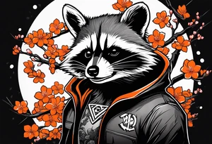 Raccoon wearing a white Superman logo on a black hoodie and orange Japanese cherry blossoms beside tattoo idea