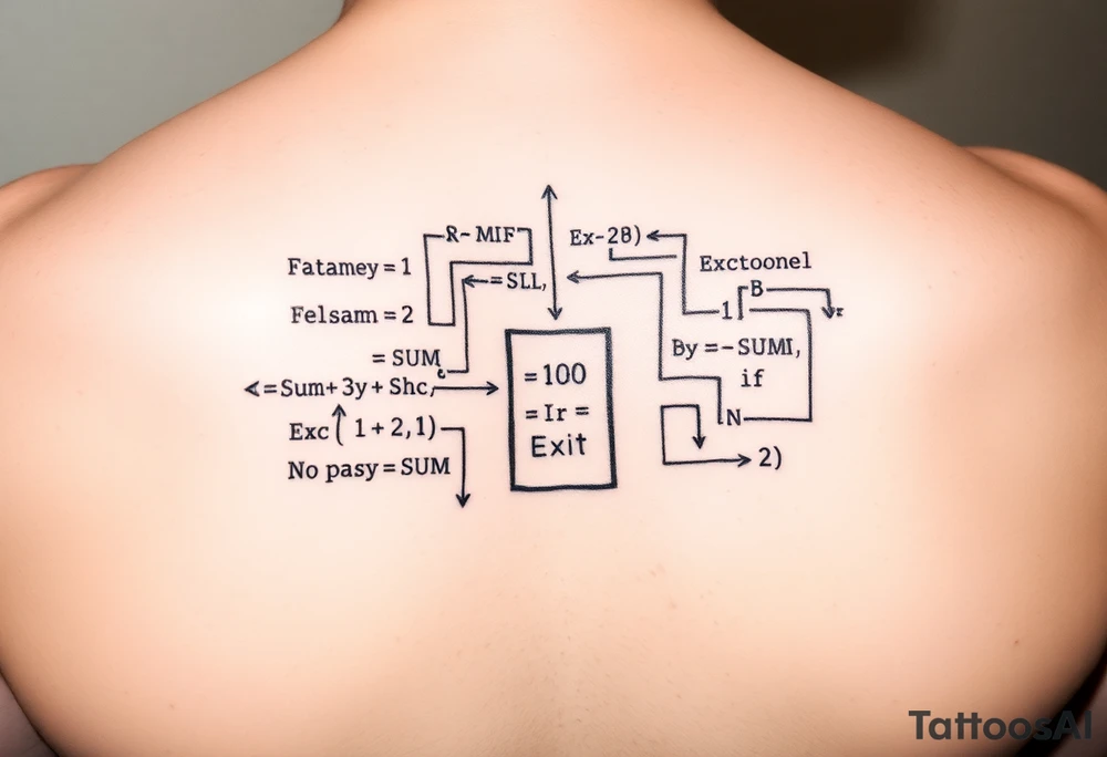 "Rat maze tattoo made of Excel formulas (=SUM, =IF). Exit door says 'No Exit' in Calibri font. Black ink, schematic style." tattoo idea