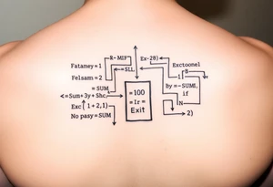 "Rat maze tattoo made of Excel formulas (=SUM, =IF). Exit door says 'No Exit' in Calibri font. Black ink, schematic style." tattoo idea