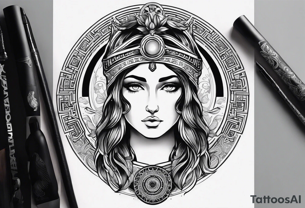 A full tattoo sleeve inspired by Greek mythology, centered around the Greek goddess Athena. Athena is portrayed with a strong, commanding presence, symbolizing wisdom, strength, and warfare. The design emphasizes bold, clean lines with a focus on sharp contrasts, creating a powerful and dynamic visual impact. Surrounding Athena, incorporate a mandala effect with geometric patterns that evoke a sense of order and strategy, reflecting her role as a warrior goddess. The sleeve also features masculine elements such as a fierce owl with piercing eyes, an ornate warrior’s helmet, and olive branches intertwined with Spartan-style armor, all seamlessly integrated into the design. The overall aesthetic is strong, rugged, and heroic, capturing the essence of Athena’s wisdom and martial prowess in a way that resonates with a masculine energy tattoo idea