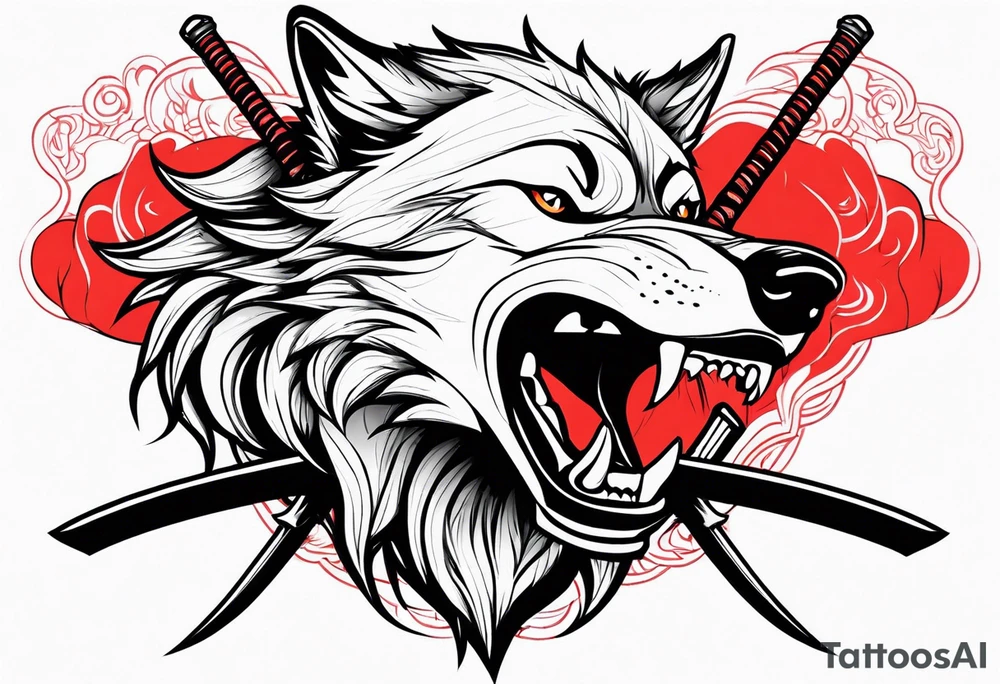 wolf head with katana in mouth tattoo idea
