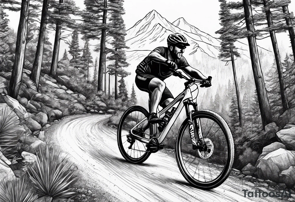 Gravel bike, going down mountain in-between trees tattoo idea