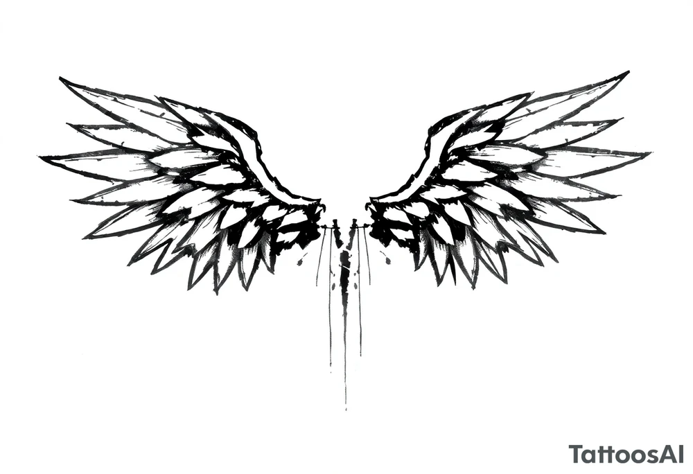 This tattoo design features a pair of stylized wings drawn in black ink with a sketch-like, abstract aesthetic. The wings are composed of sharp, angular feathers with jagged edges, giving them a rough, almost tribal or gothic appearance. The shading is done with a mix of soft gradients and stippling, adding depth and texture to the design. The center where the wings meet is fragmented, with thin lines extending downward, creating a sense of movement and raw energy. This design would make for a bold and edgy tattoo, symbolizing freedom, strength, or a rebellious spirit. tattoo idea