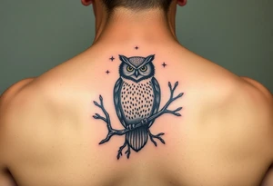 wise owl perched on ancient oak branch under starlit sky tattoo idea