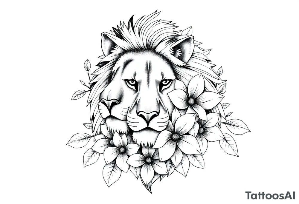 Lion with jasmine flowers around it tattoo idea