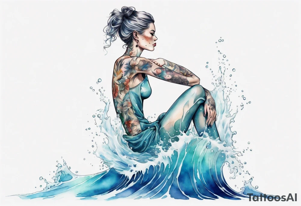 a tall transparent woman made of glass covered with water, sitting upon a wave tattoo idea