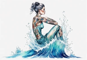 a tall transparent woman made of glass covered with water, sitting upon a wave tattoo idea