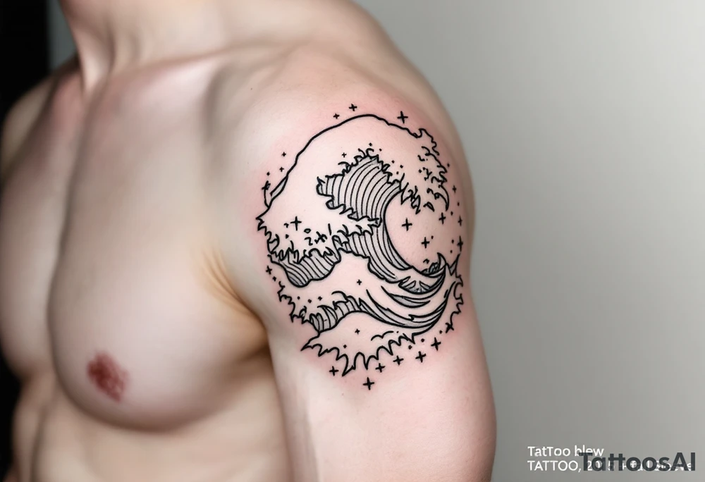 Fine line powerful ocean half sleeve with some shading tattoo idea Fine line powerful ocean half sleeve with some shading tattoo idea