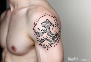 Fine line powerful ocean half sleeve with some shading tattoo idea