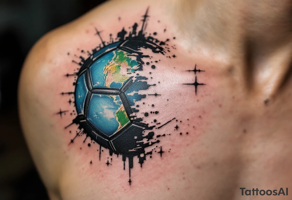 A stylized half-soccer ball, half-earth globe in blue, green, and black tones. tattoo idea