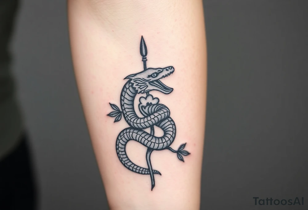 powerful majestic snake wrapped around rose stem tattoo idea