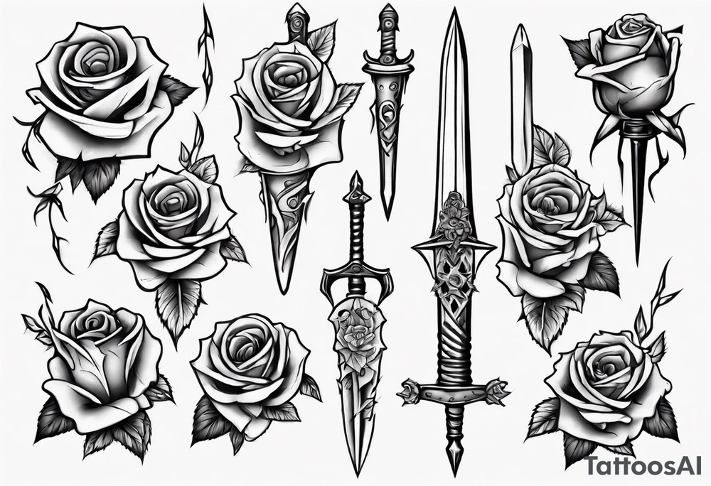 Dagger surrounded by roses tattoo idea