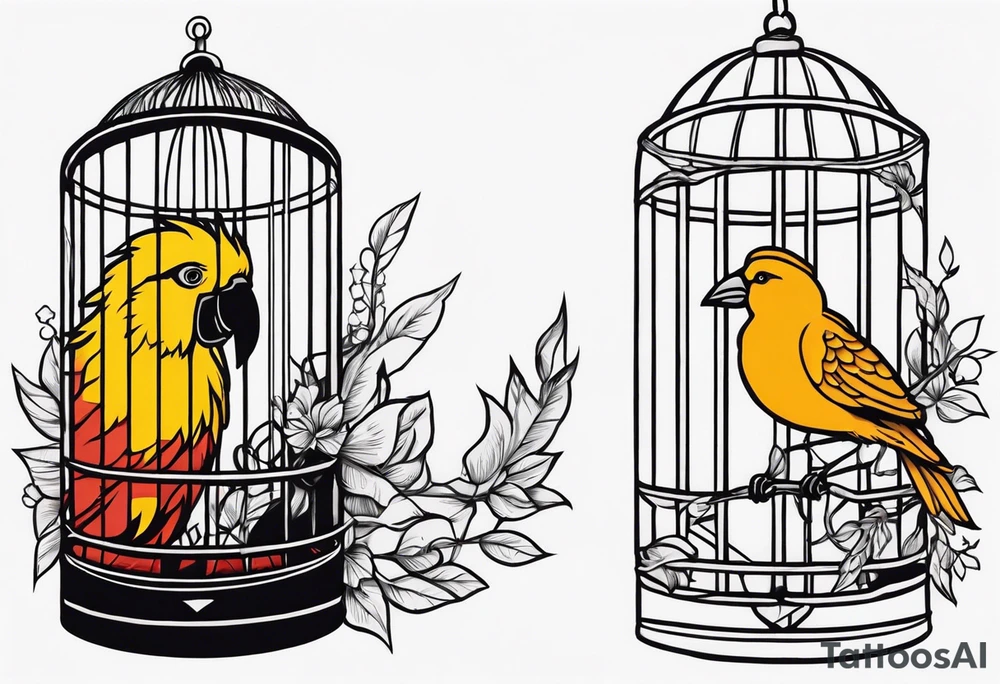 neo traditional decoration only on the left side, on the top of a long bird cage with a too big bird in it. no color tattoo idea