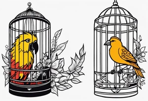 neo traditional decoration only on the left side, on the top of a long bird cage with a too big bird in it. no color tattoo idea