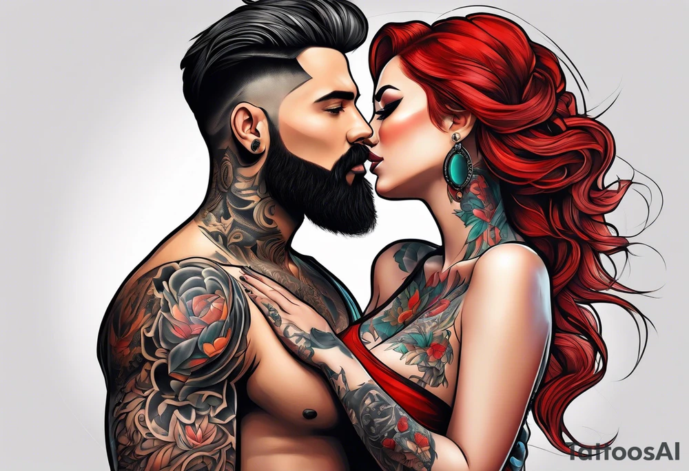 Busty Red haired woman with black haired bearded man tattoo idea