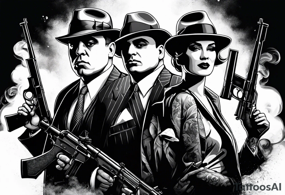 group of gangsters including Al Capone and bonnie and Clyde with machine guns surrounded by smoke and fire tattoo idea