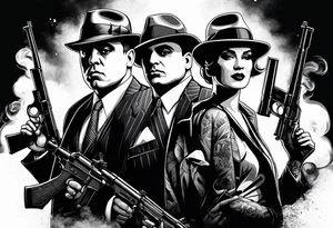 group of gangsters including Al Capone and bonnie and Clyde with machine guns surrounded by smoke and fire tattoo idea