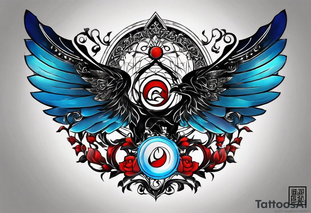a tattoo whose main theme is balance but also resembles new begining, strong willpower, peace and loyalty. This should be for the front part of the shoulder. maybe add the ying-yang symbol somewhere in the tattoo. Tattoo should have an equal amount of blue and red along with the overall tattoo being black tattoo idea